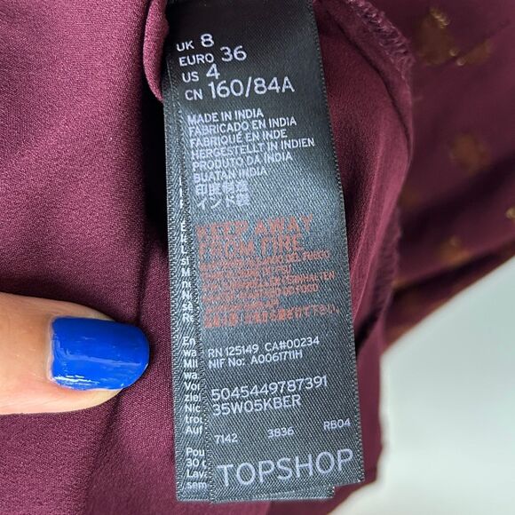 Topshop A Line Off the Shoulder Mini Dress Burgundy w Gold Metallic Polka Dots 4 - Picture 13 of 15